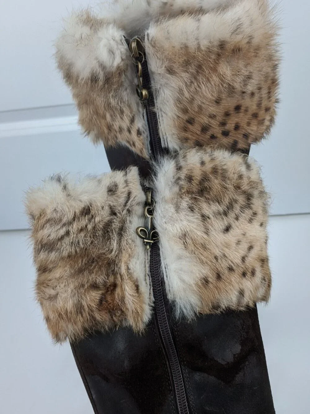 DONALD PLINER Tiara Dark Brown Distressed Suede Wedge Boots with Fur Cuffs